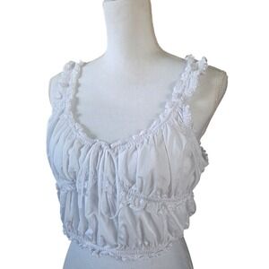 Zara Womens XL White Poplin Cropped Top Ruffle Shirred Cottagecore Boho Tank